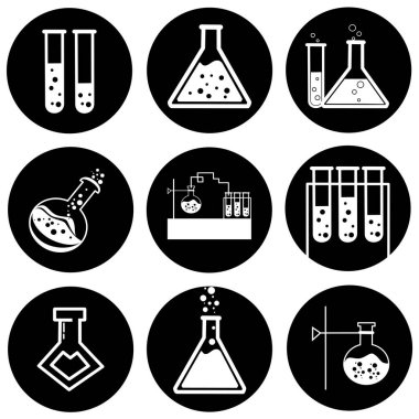 Kimyasal test tüpü ikonu seti. Laboratuvar camları ya da deney tüpleri. Deney mataraları. Modern moda vektör. Basit düz çizim. Cam kimyasallar, bilim laboratuarı için laboratuvar mataraları.