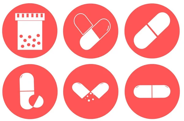 Иконки Медицинских Таблеток Медицина Аптека Набор Лекарств Лекарства Фармацевтическая Концепция — стоковый вектор