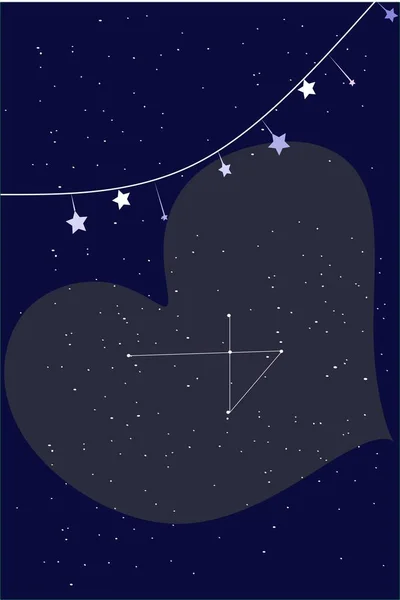 Εικόνα Νυχτερινού Τοπίου Επίπεδο Στυλ Σχεδιαστική Καρδιά Και Αστέρια Αφηρημένο — Διανυσματικό Αρχείο