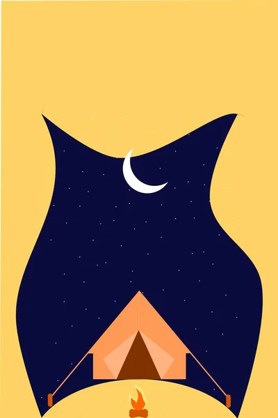 Ilustración Paisaje Nocturno Estilo Plano Con Carpa Fogata Luna Estrellas — Vector de stock