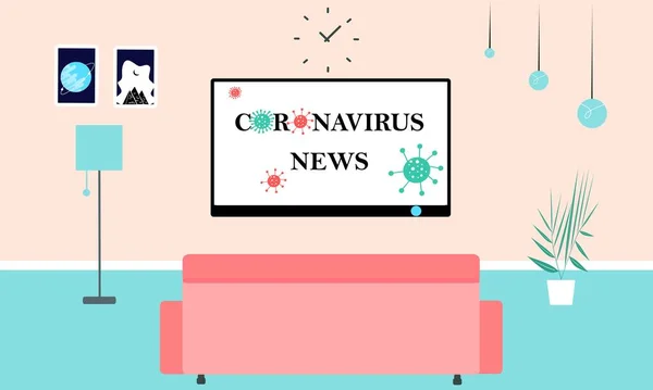 Evde televizyondaki haberleri tasvir eden çizimler. Evde kal ve Coronavirus 'la ilgili haberleri izle. Dünya 'daki durumu gözlemliyor. Evde izolasyon. Renkli vektör çizimi. İniş sayfası.