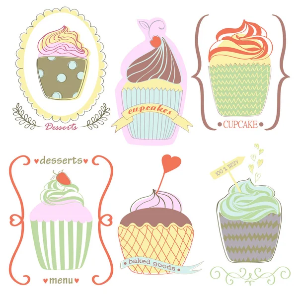 Γλυκά cupcakes διάνυσμα σύνολο. Γελοιογραφία νόστιμο cupcakes σε παστέλ Κόλο — Διανυσματικό Αρχείο