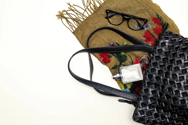 Handbag with perfume and scarf — Stock Photo, Image