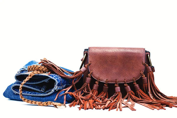 Roupas femininas elegantes. Denim com bolsa — Fotografia de Stock