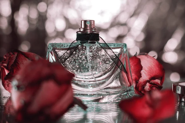 Бутылка духов в розовых цветочных розах — стоковое фото
