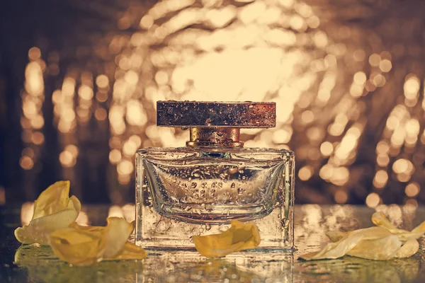 Butelkę perfum dla kobiet i delikatny kwiat — Zdjęcie stockowe