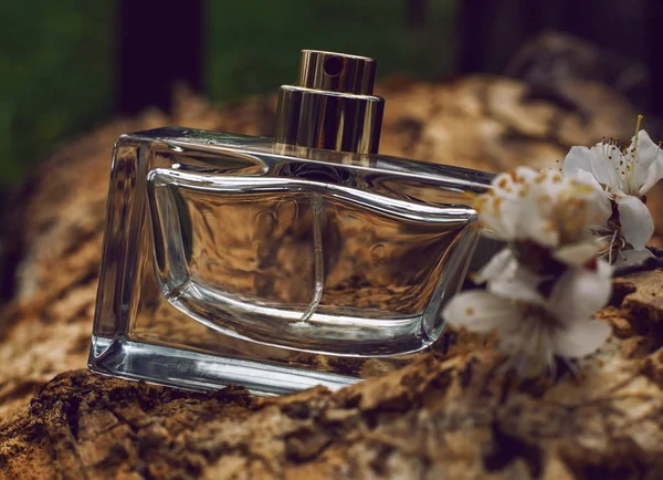 Ahşap arka plan çiçeklerle parfüm — Stok fotoğraf