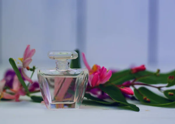 Flakon perfum z różowy kwiat — Zdjęcie stockowe