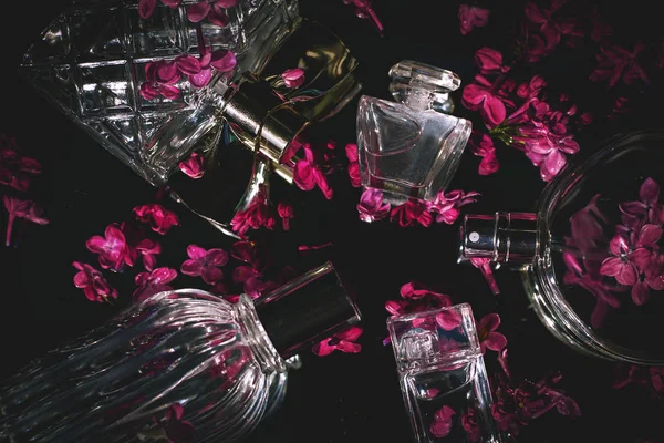 不同女性瓶香水与淡紫色的花 — 图库照片