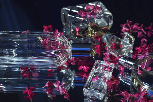 Diferentes botellas femeninas de perfume con flores lila —  Fotos de Stock