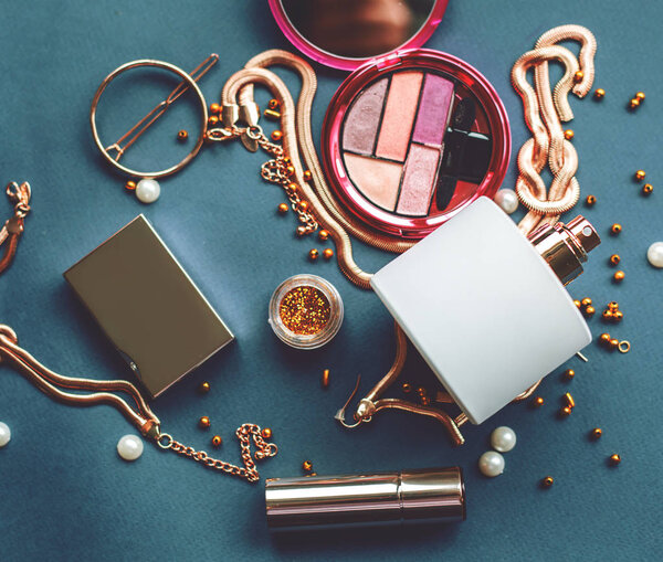 Cosmetics make up artist objects: lipstick, eye shadows, powder,