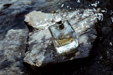Plajda kayalar üzerinde bulunan parfüm şişesi