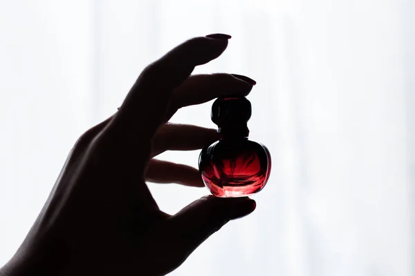Female hand holding perfume bottle on white background — Stock Photo, Image