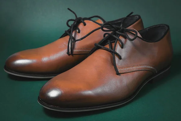 Sapatos masculinos marrons em fundo verde — Fotografia de Stock