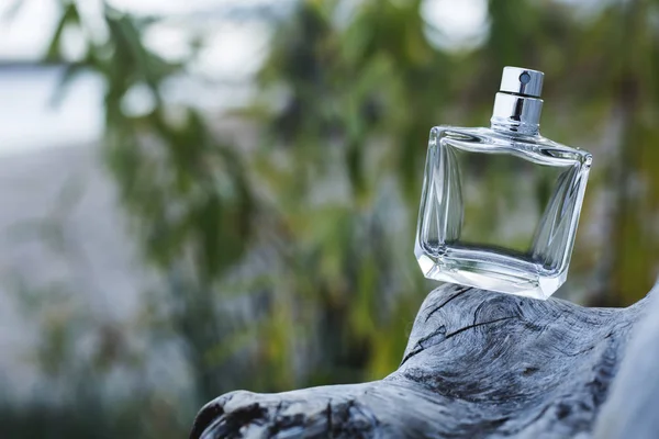 Fles van moderne parfum op kleur achtergrond — Stockfoto