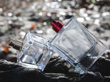 İki şişe parfüm doğa arka plan üzerinde 