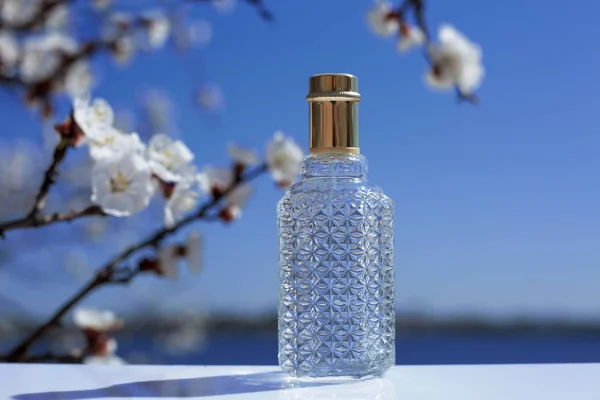 Frasco de perfume y flores en el fondo de la naturaleza — Foto de Stock