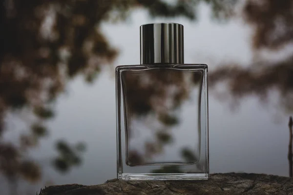 Frasco de perfume sobre fondo natural — Foto de Stock