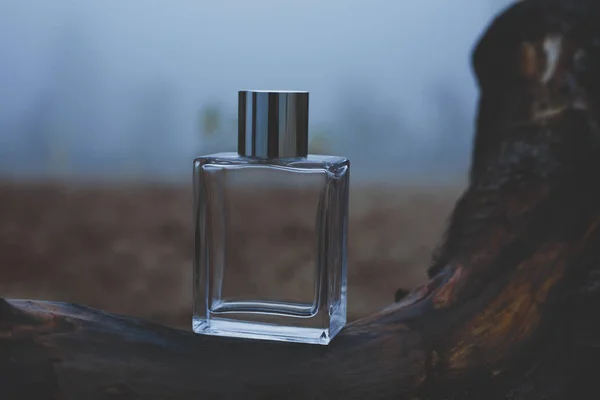 Parfum fles op natuurlijke achtergrond van boomschors. — Stockfoto