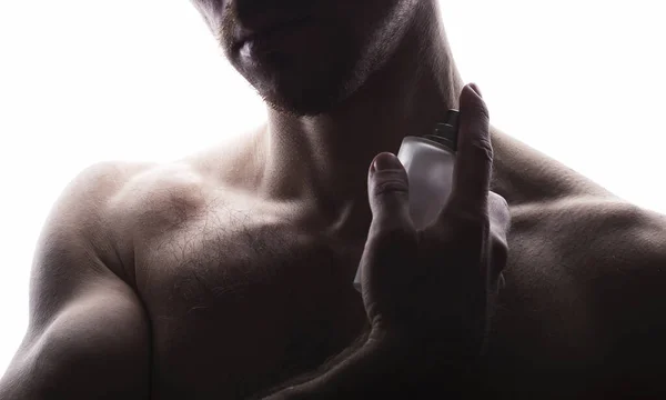 Man Met Parfum Witte Achtergrond — Stockfoto