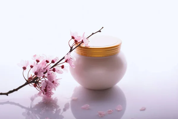 Body Care Cream Flowering Branch Light Background — Stock Photo, Image