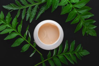 Yüz kremi ve taze yeşil yapraklar.