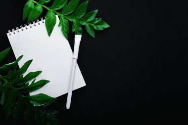 Siyah arkaplanda beyaz defter ve yeşil yapraklar