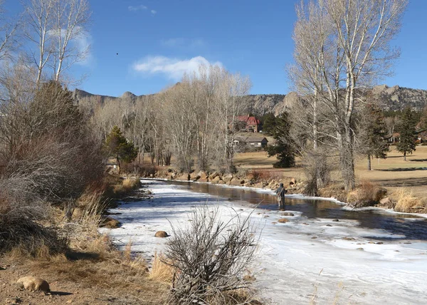Kışın Büyük Thompson Nehri 'nde duran balıkçı, Estes Park, Colorado