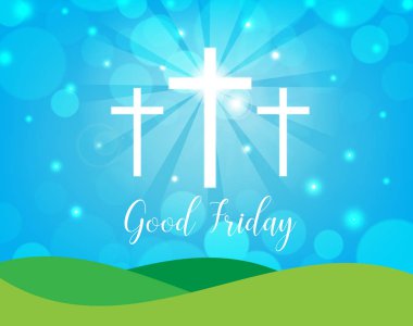 İyi Cuma. Arka plan beyaz haç ve gökyüzünde güneş ışınları ile