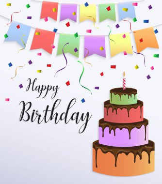 Doğum günü kartı ile renkli büyük pasta tasarım 