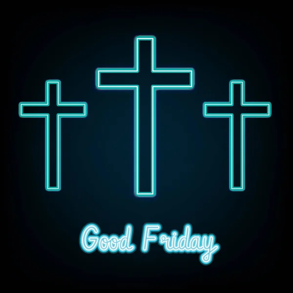 Good Friday. blue neon Three crosses glowing on dark background — Stock Vector