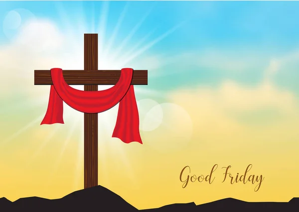 耶稣受难。木制的十字架与天空中的太阳光线背景 — 图库矢量图片