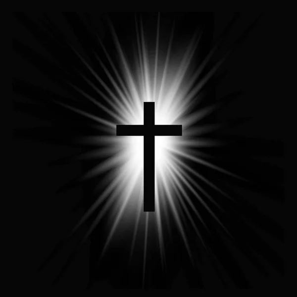 La cruz religiosa con los rayos del sol brilla sobre el fondo oscuro — Foto de Stock
