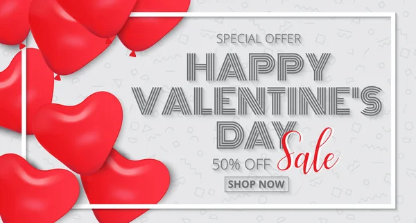 San Valentín cartel diseño venta promoción con globos corazón rojo — Archivo Imágenes Vectoriales