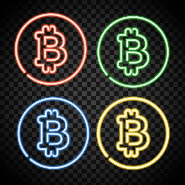 Neon bitcoin symbool geïsoleerd op zwarte achtergrond. Lichteffect. — Stockvector