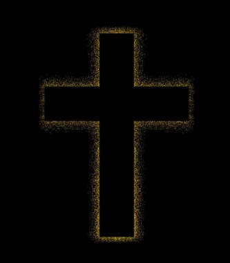 Gold shining cross logotype. Emblem of religious event. Greeting