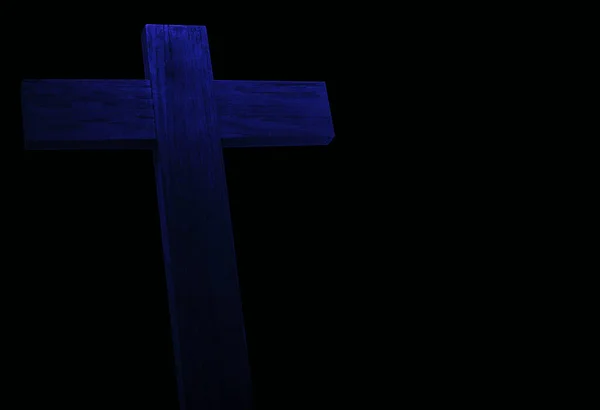 Cruz Clásica Madera Cristiana Azul Sobre Fondo Oscuro Con Copyspace —  Fotos de Stock