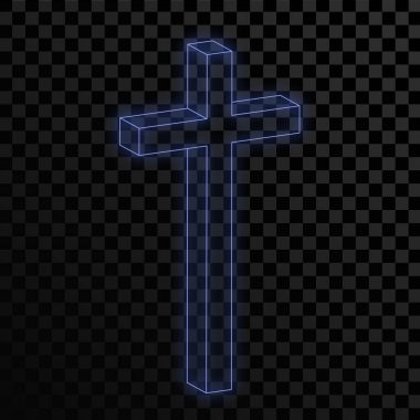 Şeffaf arka planda parlayan mavi neon bir Christian Cross. Vektör çizimi. Parlak mavi kilise haçı