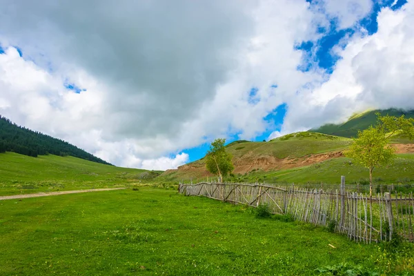 Hegyi táj, a fából készült kerítés, Kirgizisztán. — Stock Fotó