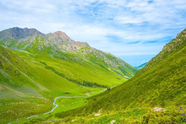 Yeşil dağ yamaçları arasında Kyrgyzst akan nehir dağ
