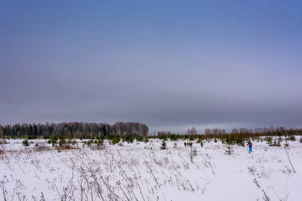 Туристы ходят по заснеженному зимнему полю . — стоковое фото