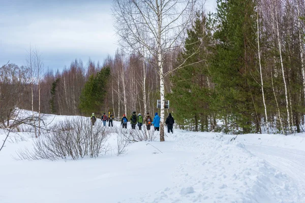 A small group of tourists traveling on snow-covered forest. — Stock Photo, Image