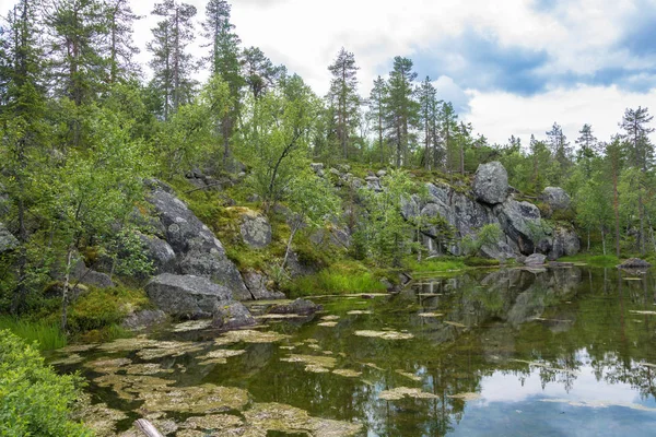 Karelya'nın kayalık kıyılarında küçük bir göl. 