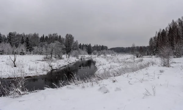 एक छोटी नदी के साथ शीतकालीन परिदृश्य . — स्टॉक फ़ोटो, इमेज