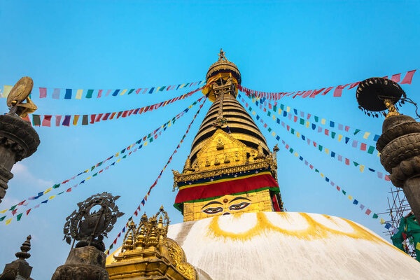 Stupa in the temple center of Swayambhunath on March 25, 2018 in