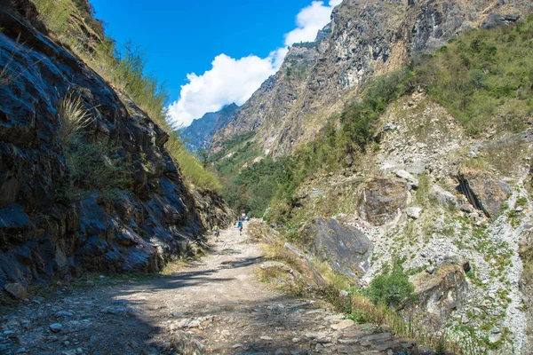 Turistas Una Carretera Montaña Himalaya Una Caminata Alrededor Annapurna Nepal — Foto de Stock