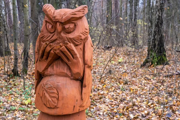Dřevěná socha orlí sovy ve Stepanovském parku, 19.10.2019, I — Stock fotografie