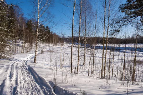 Paisagem com um pequeno rio em um dia ensolarado de inverno e céu azul , — Fotografia de Stock