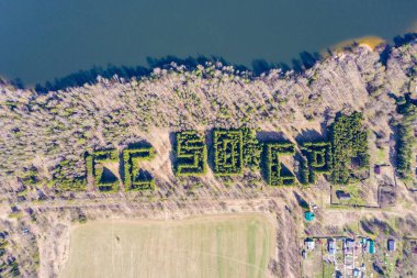 Rusya 'nın İvanovo Bölgesi' nin Egoriy köyü olan Uvodsky rezervuarının kıyısındaki ebedi yeşil ağaçlardan yapılmış SSCB 'nin 50' si..