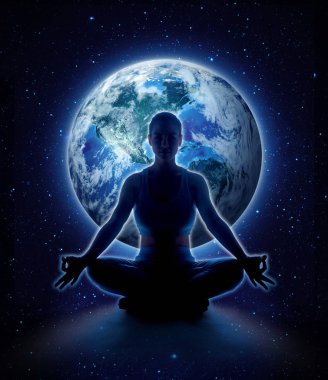 Dünya üzerinde Yoga kadın. Meditasyon kız planet Earth